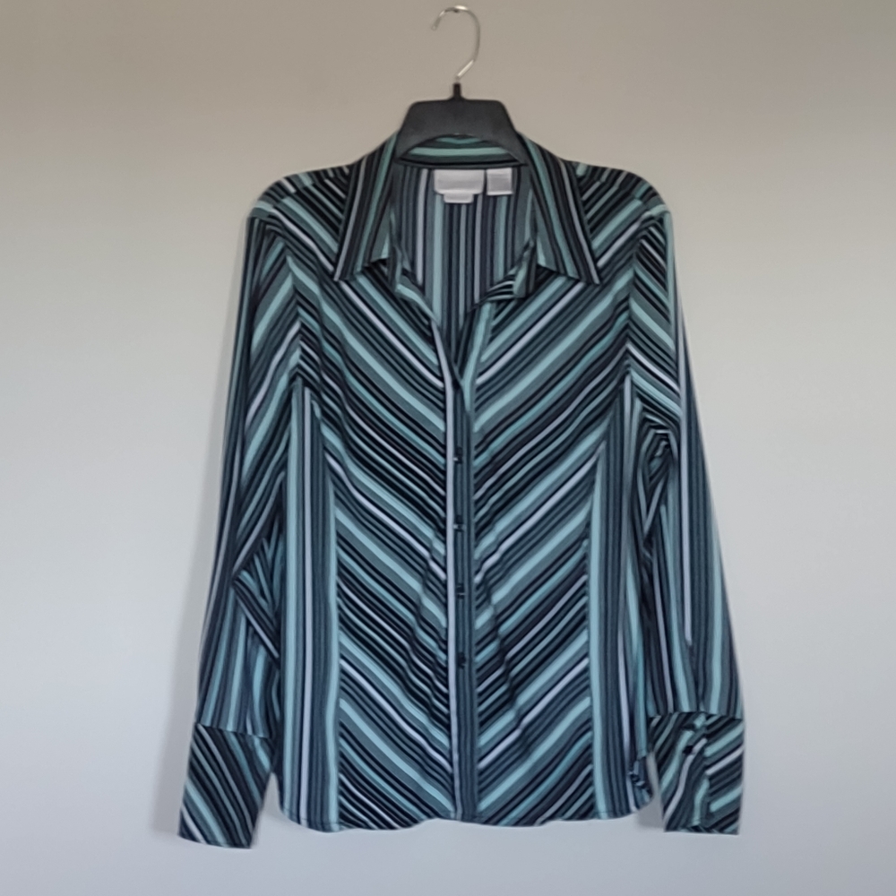 Worthington Stretch Green and Black Striped Blouse size XL